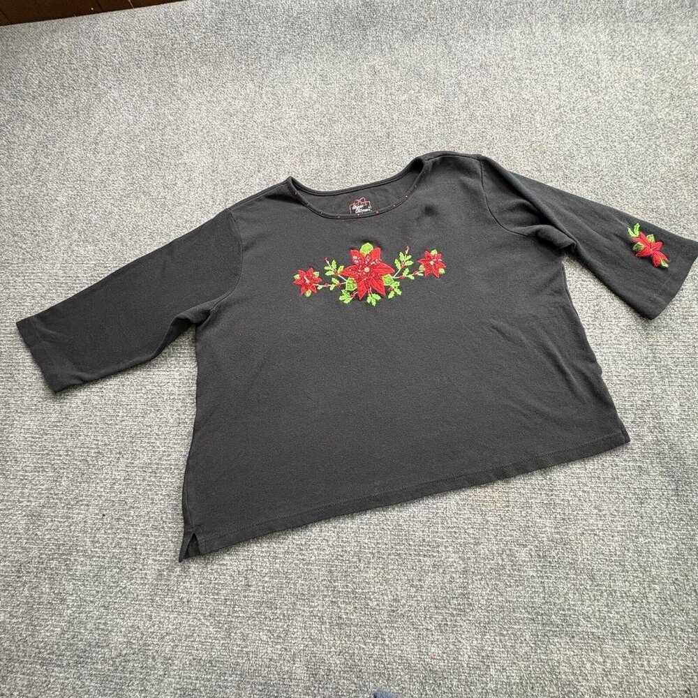 Allyson Whitmore Christmas Top Women 3X Black Poinsettia Sequin Holiday Festive
